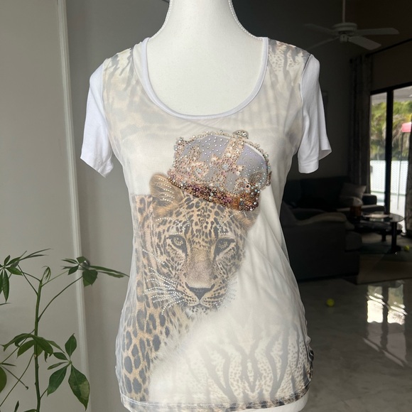 DICE Tops - Women's White Leopard Graphic Top with Embellished Crown by DICE